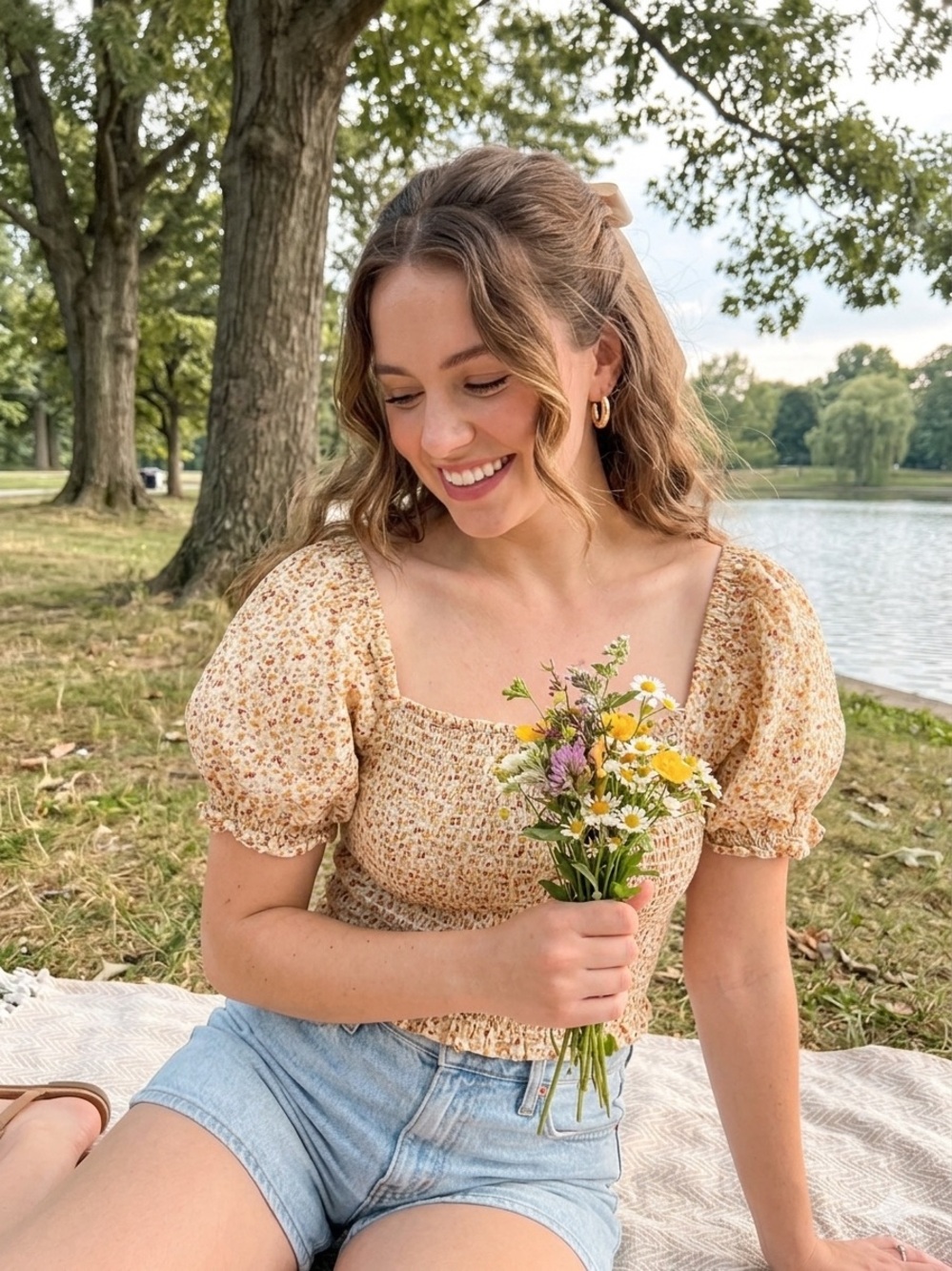 Madewell Romantic Cottagecore Yellow Floral Smocked Puff-Sleeve Crop Top
